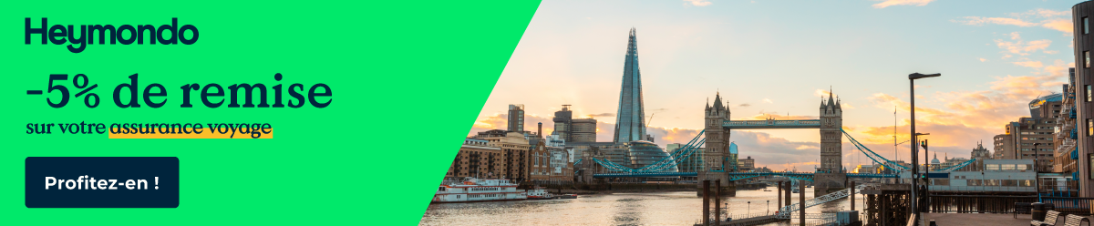 Bannière promotion de 5% pour les assurance voyage Heymondo à Londres